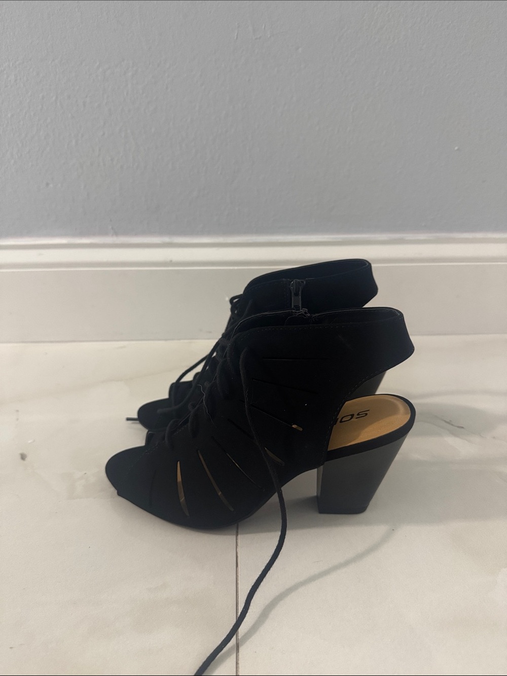 Soda Black Lace-Up Peep Toe Block Heels